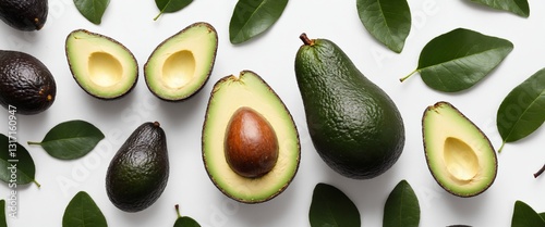 Obraz na płótnie Fresh avocado fruits with green leaves on white background. Top view, flat lay. Eating healthy fats. Generative AI w salonie