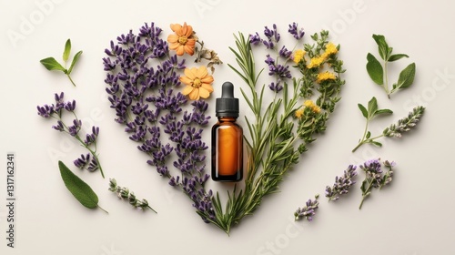 Amber essential oil bottle is placed in the center of a heart shape made with fresh herbs and flowers, representing natural remedies and aromatherapy
