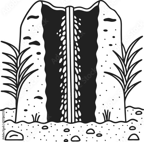Cracked rock sketch with plants, minimal nature art, earth geology