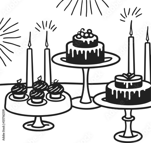 celebration cakes and cupcakes with candles hand drawn dessert illustration with fireworks backdrop festive sweet treats for party