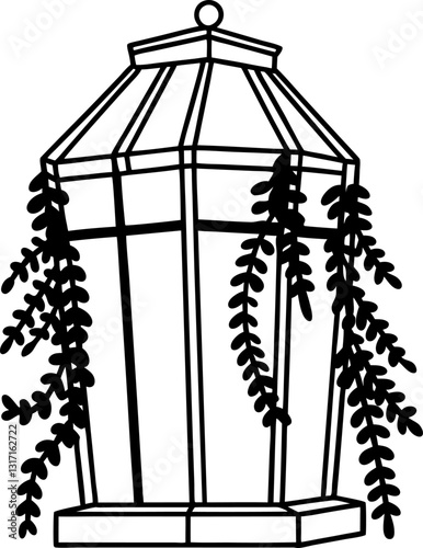 Vintage lantern with cascading leaves elegant black and white line art, botanical decorative design