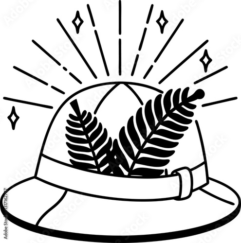 safari adventure hat with feathers and decorative geometric design in monochrome