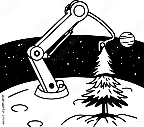 Robotic arm planting a tree on the moon with a planetary backdrop, space exploration concept