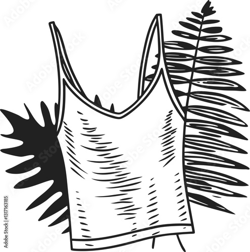 Black and white tank top with abstract leaf pattern illustration on white background