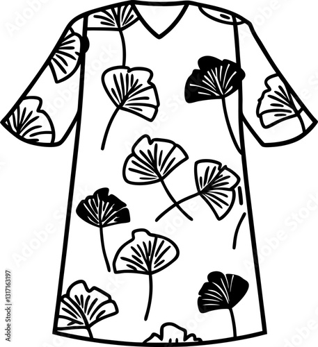 Floral patterned dress outline with ginkgo leaves, fashion illustration