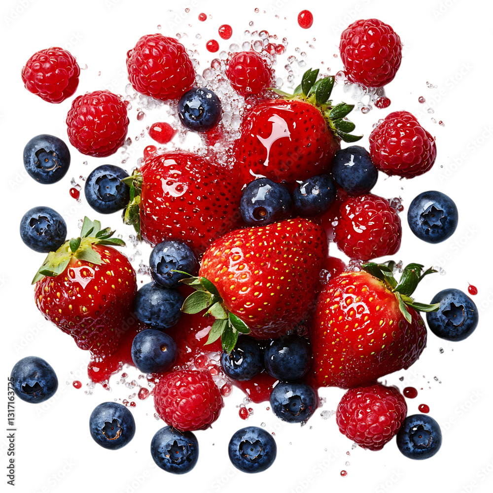 Fresh Strawberries Blueberries and Raspberries Bursting with Milk Isolated on Transparent Background Fresh Strawberries Blueberries and Raspberries Bursting with Milk Isolated on Transparent Background