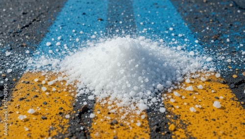 Closeup of a Pile of White Salt Granules on Yellow and Blue Striped Road Surface