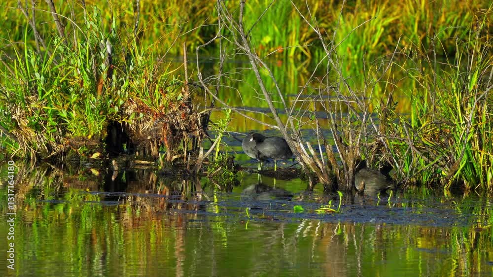 Group of American Coots Floating in a Vibrant Wetland Habitat Group of American Coots Floating in a Vibrant Wetland Habitat