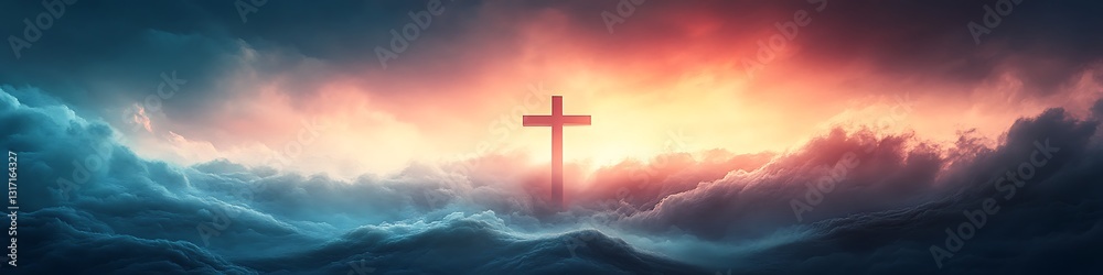 Fototapeta premium Celestial Cross: A serene wooden cross bathed in divine light, surrounded by dramatic, ethereal clouds, creating a powerful symbol of hope and faith