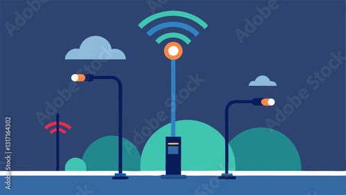 Smart Streetlights Streetlights equipped with sensors that change brightness based on pedestrian movement connected to a central monitoring system illustrated with wifi signals.