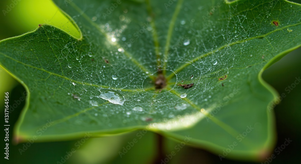 Leaf with Spiderweb and Water Droplets After Rain Close Up Leaf with Spiderweb and Water Droplets After Rain Close Up