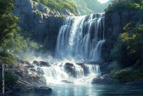 Serene waterfall cascading down rocky cliffs, surrounded by lush green foliage.