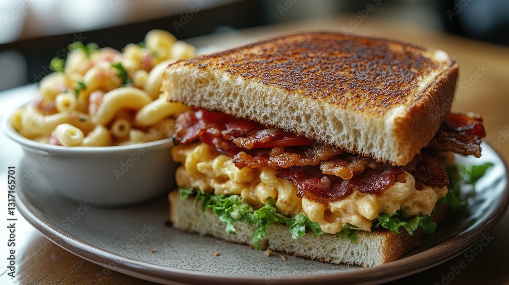 A close-up view of a plate featuring a freshly made sandwich with toasted bread, layers of crispy bacon, fresh lettuce, and tomato, held together by two wooden picks. A close-up view of a plate featuring a freshly made sandwich with toasted bread, layers of crispy bacon, fresh lettuce, and tomato, held together by two wooden picks.