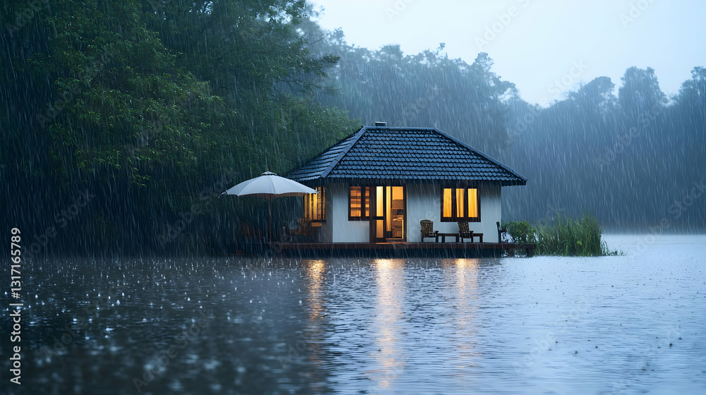 Fototapeta premium Tranquil Overwater Bungalow Illuminated In The Evening Rain On A Serene Lake Surrounded By Lush Tropical Forest