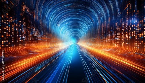 a vibrant digital tunnel with flowing binary code in shades of blue and orange illuminates the path ahead symbolizing rapid data transfer and technological progress