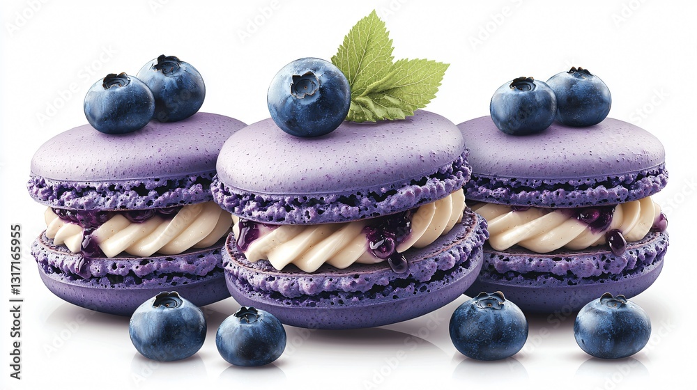 Fototapeta premium Delightful Purple Macarons with Blueberries and Mint Leaf on a Clean White Background