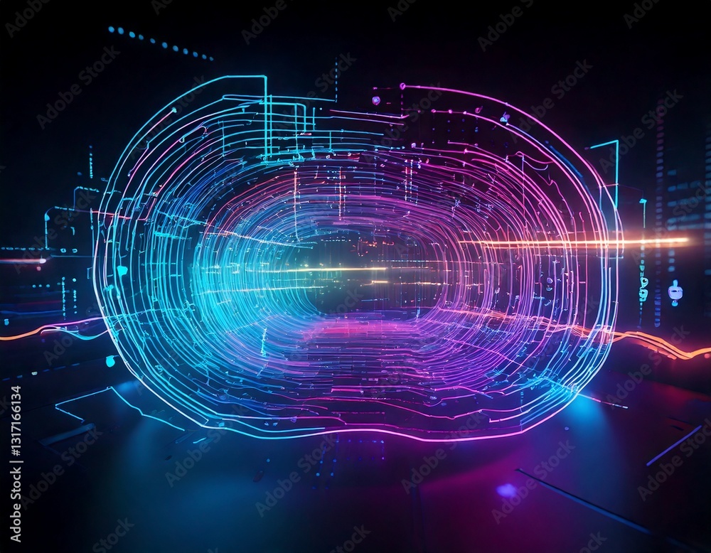Obraz premium 3D render of a futuristic AI interface with holographic data streams, vibrant neon colors, and ample copy space for tech-related messaging