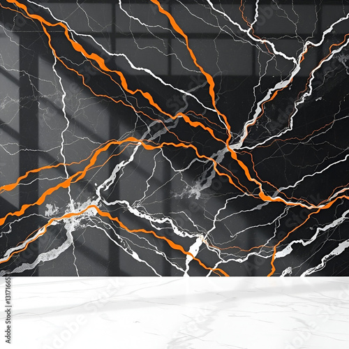 Black and Orange Veined Marble Wall and White Marble Floor