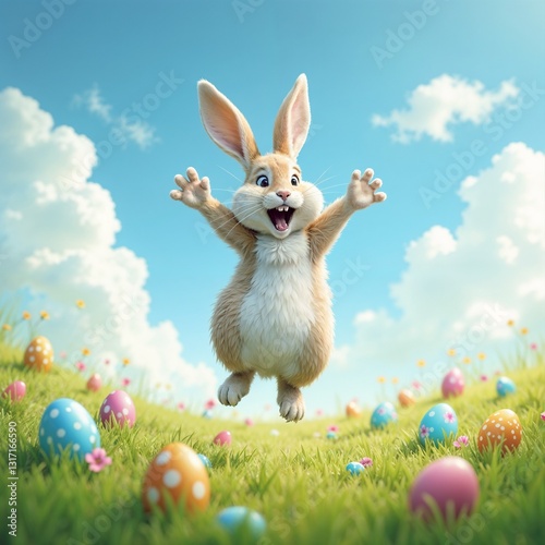 Happy cartoon rabbit jumping in a colorful egg field, joyful mood, springtime atmosphere, copy space
