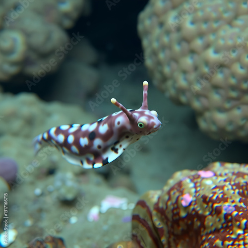 Sea slug swimming underwater mottled sea hare Aplysia fasciata, marine opisthobranch gastropod mollusk, Mediterranean sea, Pyrenees-Orientales, France, 60fps