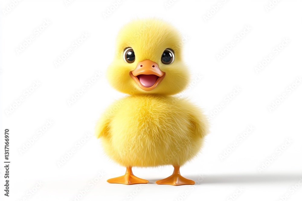 Cute fluffy duckling smiles, white background, spring Cute fluffy duckling smiles, white background, spring