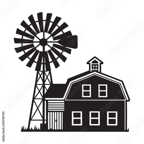 windmill with farm house black silhouette vector llustration on white background
