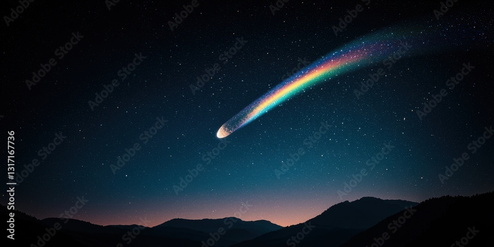 Fototapeta premium Spectacular Comet Streaking Across a Starry Night Sky Above Mountains, Celestial Beauty