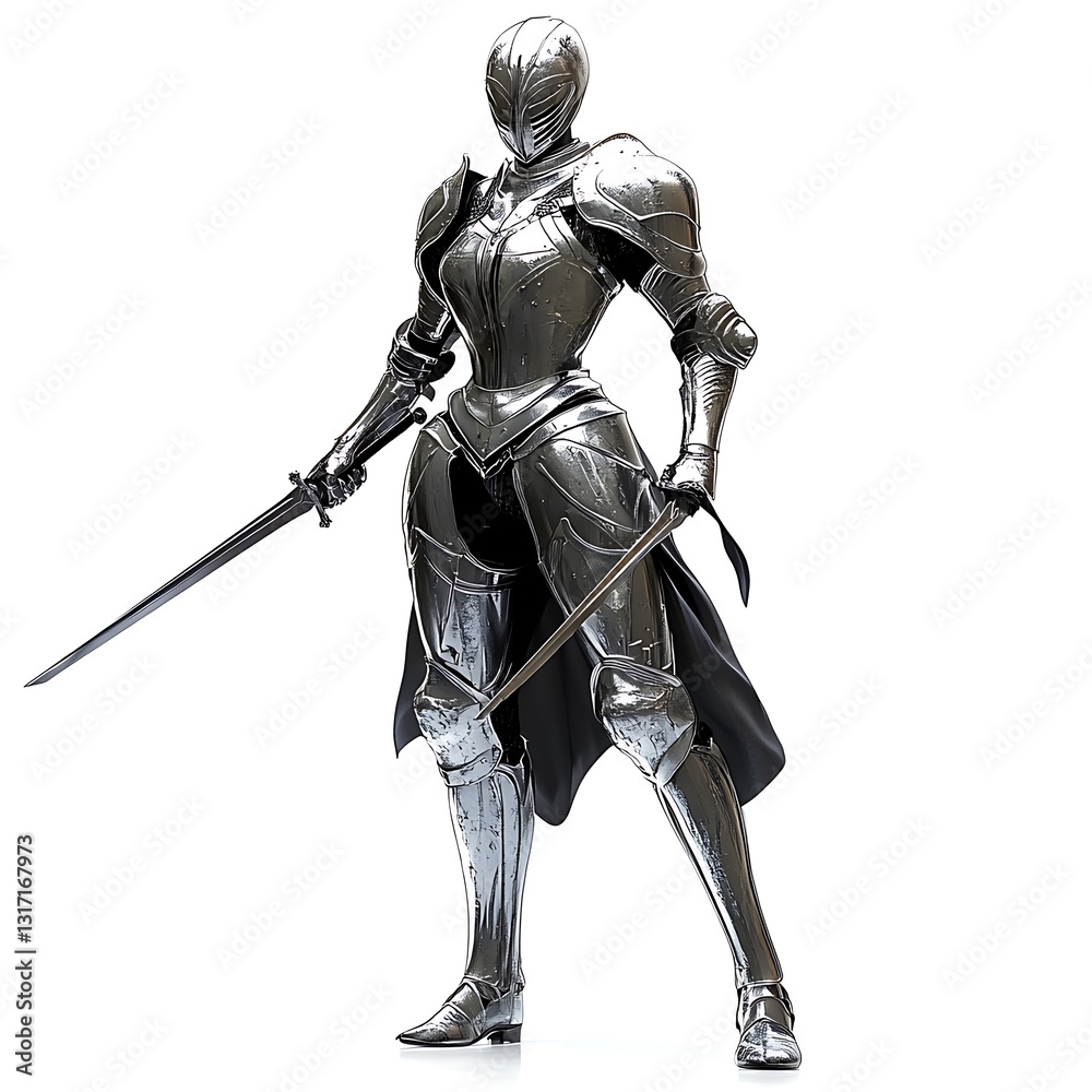 Valiant Knight: A majestic armored knight stands prepared, two gleaming swords at the ready, embodying strength and valor, ready for a heroic battle. Valiant Knight: A majestic armored knight stands prepared, two gleaming swords at the ready, embodying strength and valor, ready for a heroic battle.