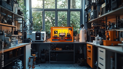 Modern Orange 3D Printer in a Sunlit Creative Workspace Scientific Laboratory or Maker Space