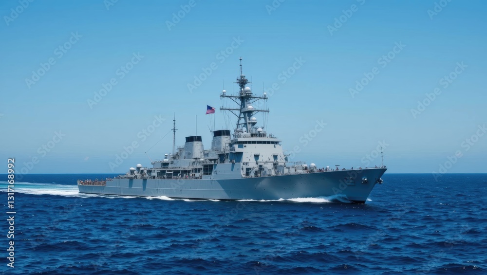 Modern Navy Warship Navigating the Ocean Waves Under Clear Blue Sky Modern Navy Warship Navigating the Ocean Waves Under Clear Blue Sky