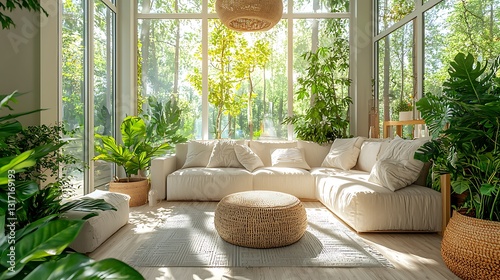 Sunlit Living Room with Modern Sectional Sofa Lush Greenery and Woven Decor