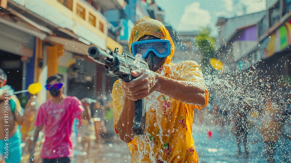 Obraz premium Playful Water Fight Celebrating Summer Fun in Urban Environment