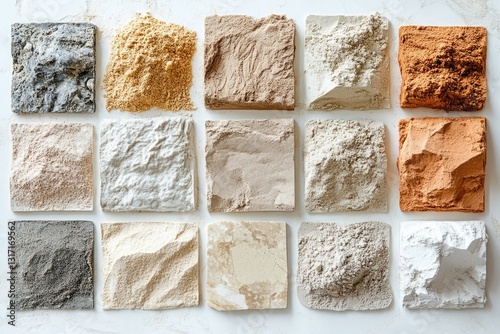 A collection of various earth tones and textures of sand and powder samples.