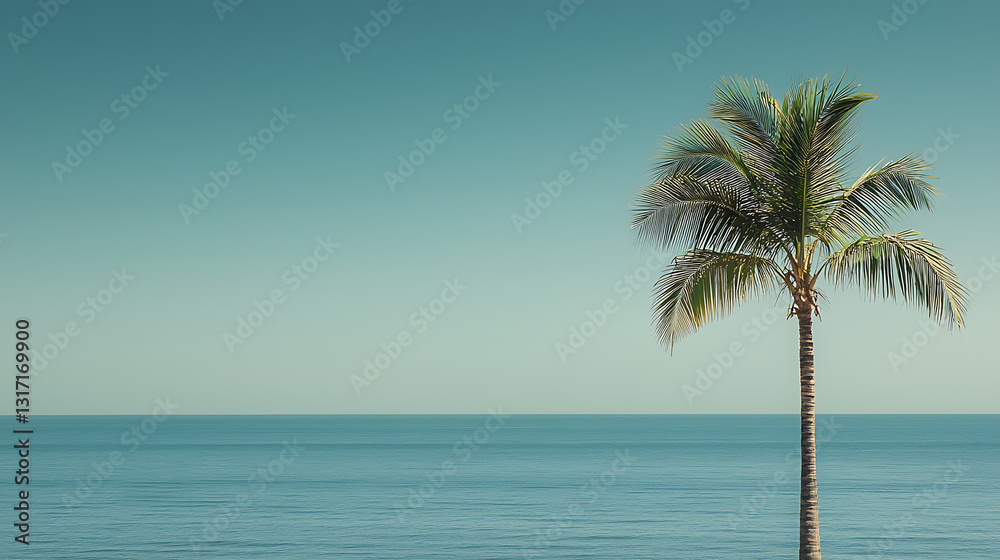 Solitary palm tree against a tranquil backdrop of calm ocean and clear blue sky evoking serenity and peacefulness. Solitary palm tree against a tranquil backdrop of calm ocean and clear blue sky evoking serenity and peacefulness.