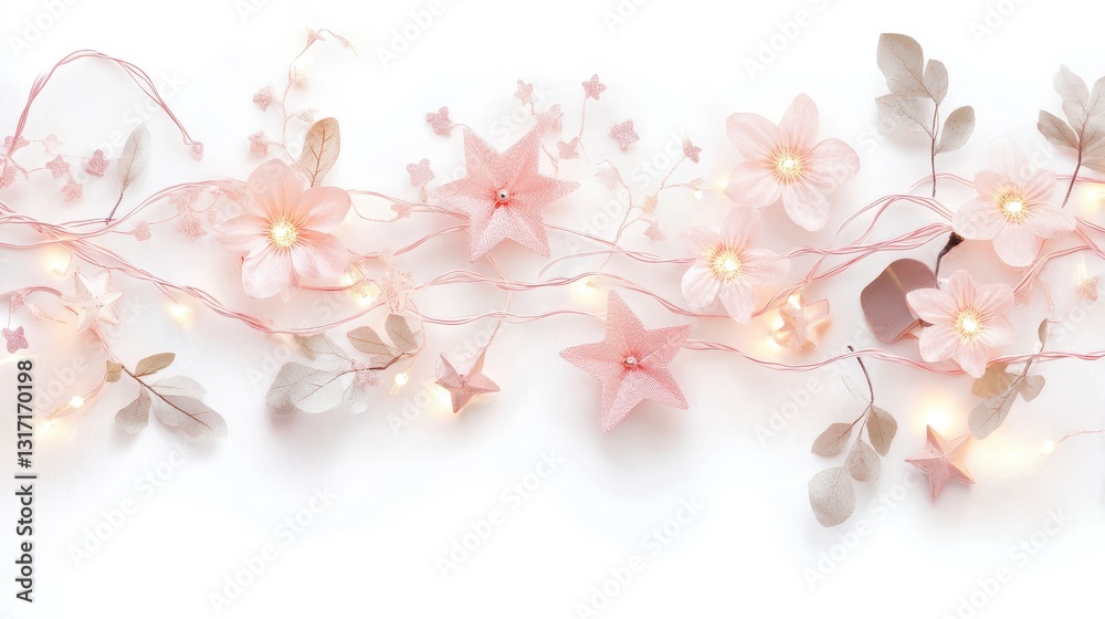 Delicate Pink And Beige Flower Arrangement With Fairy Lights On White Background Delicate Pink And Beige Flower Arrangement With Fairy Lights On White Background