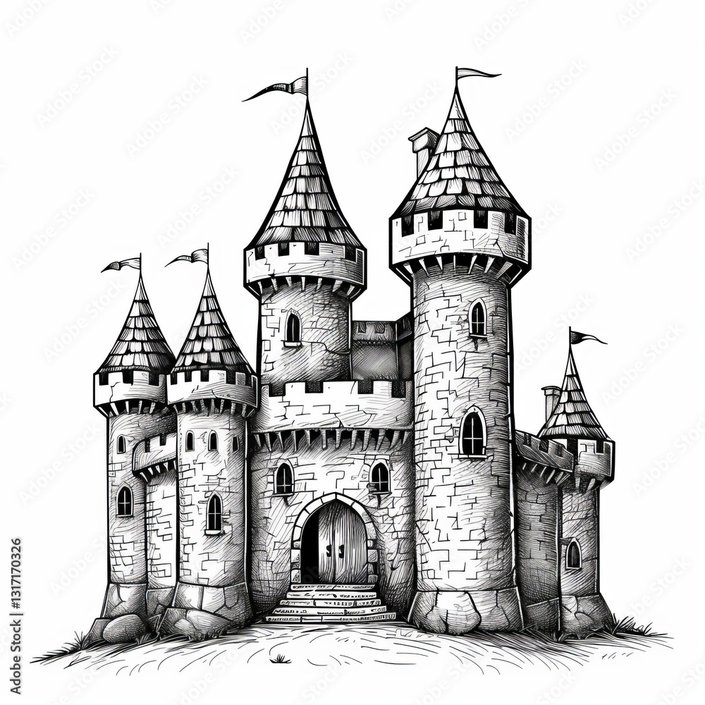 Fototapeta premium Sketch of Medieval Castle with Towers and Flags on White Background