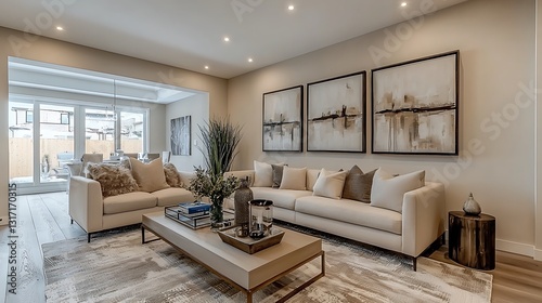 Quadro su tela Modern Beige Living Room Interior Design with Abstract Art and Cozy Sofa