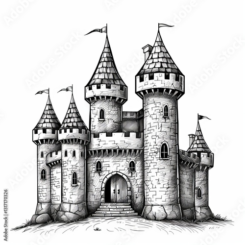 Sketch of Medieval Castle with Towers and Flags on White Background