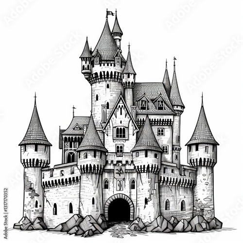 Detailed Castle Drawing Towers and Walls Illustration in Black and White