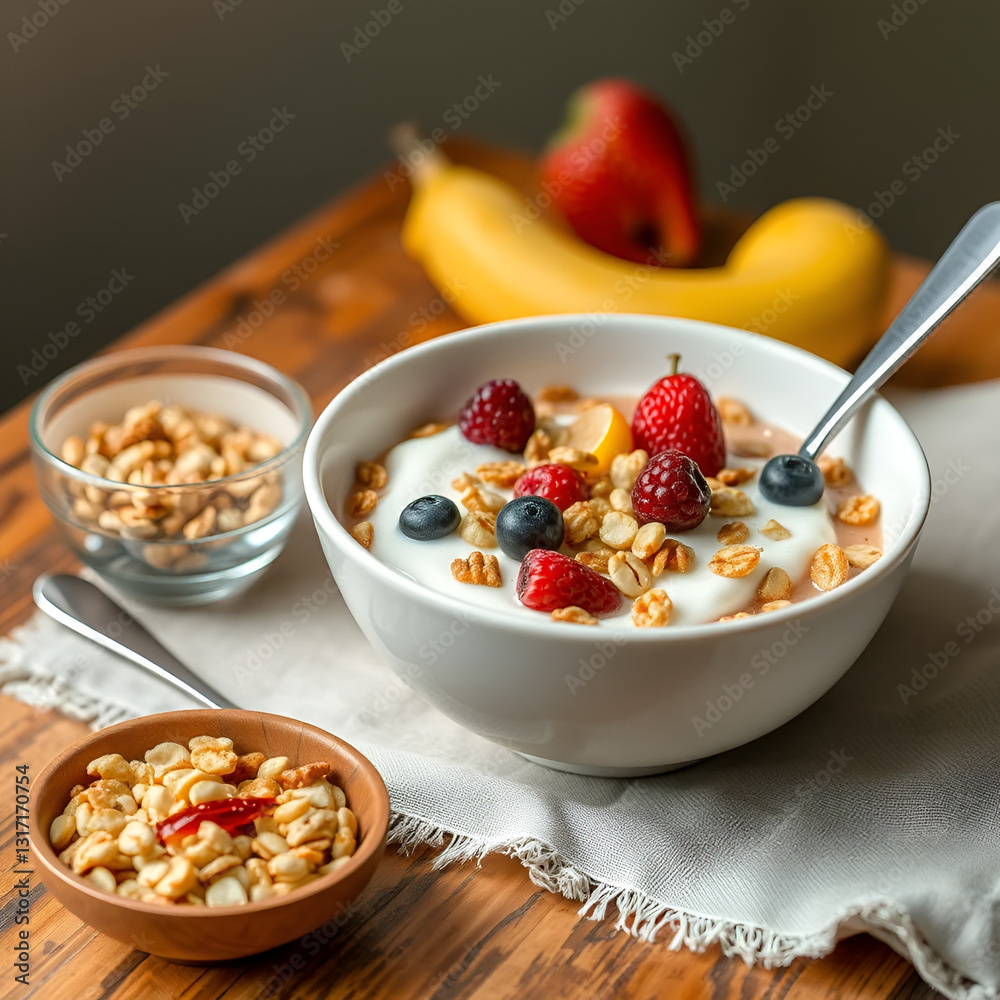 an image of a bowl of cereal with fruit and yogurt, there is a bowl of cereal with fruit and nuts on the table an image of a bowl of cereal with fruit and yogurt, there is a bowl of cereal with fruit and nuts on the table
