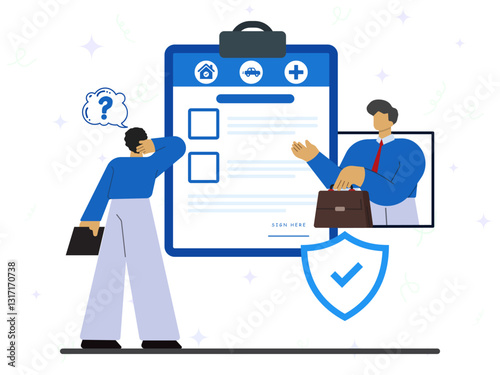 Insurance broker concept. Decision making, insurance middleman, commercial broker, brokerage service, agent makes a deal, secure investment, professional advice. 