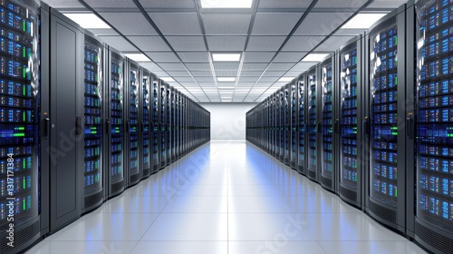 Modern Data Center with High-Tech Server Racks and Bright Lighting