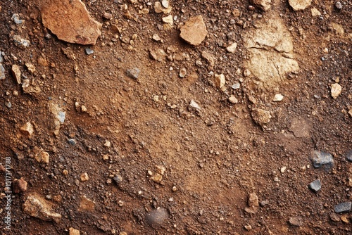 Close-up of earthy brown soil texture with embedded stones and rocks.