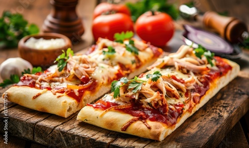 Pulled pork pizza slices on wooden board with fresh ingredients