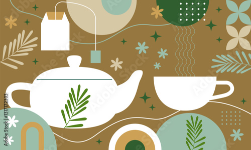 Set of Tea Vector Illustration. Cup of Tea, Teabag, Green Tea, teapot, tea bag. Preparation. Hot drink background. Brewing. Vector set