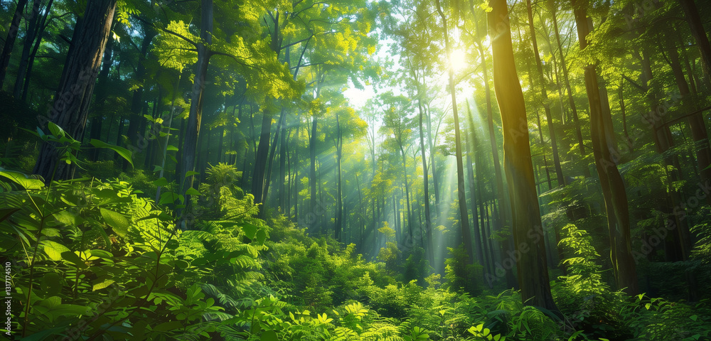Fototapeta premium A lush green forest with sunlight gently filtering through the dense foliage of tall trees, creating a serene and natural ambiance.