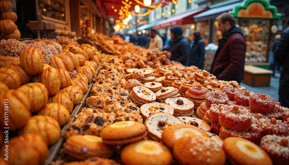 Colorful display of Middle Eastern sweets at a vibrant market with people
