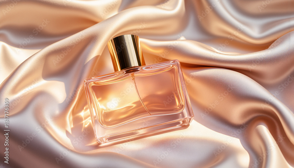 Luxury perfume bottle reflected on soft satin fabric in warm light