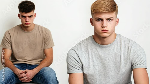 Two young men in casual attire, sitting side by side, looking serious in t shirts, capturing moment of contemplation and style.