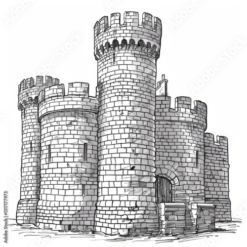 Detailed Ink Drawing of a Medieval Castle with Towers and Brick Walls